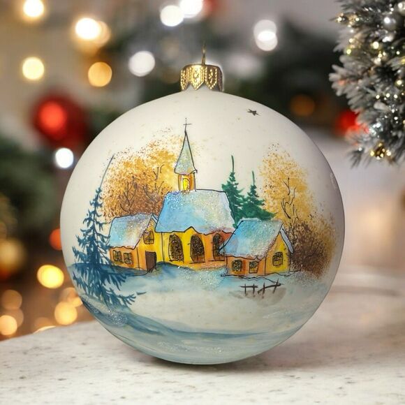 Vintage Hand Painted Glass Ball Ornament Christmas Winter Church Scene  5” H - Picture 1 of 13
